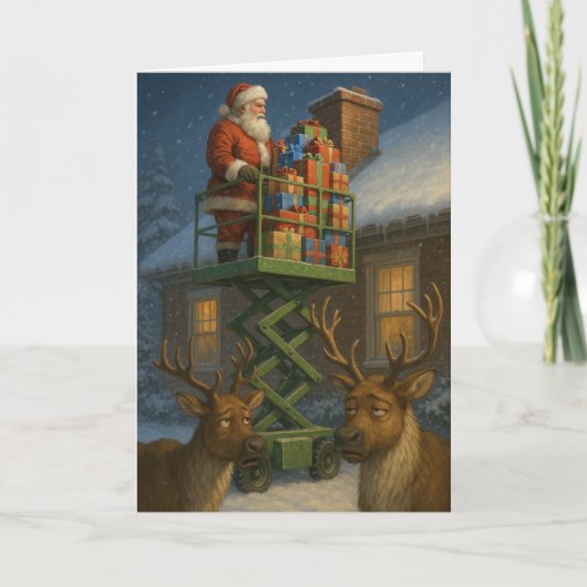 Christmas card funny Santa on scissor lift Karte (Vorderseite)