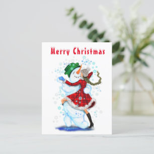 Christmas Card Snowman and Girl Dance Fun Postkarte