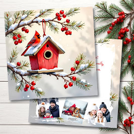Christmas Cardinal & Birdhouse Personalized  Photo Feiertagskarte
