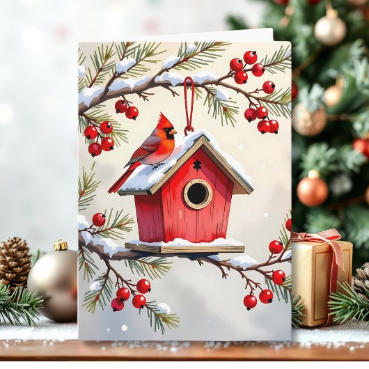 Christmas Cardinal Birdhouse snowy pine branch  Karte