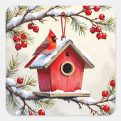Christmas Cardinal Birdhouse snowy pine branch Quadratischer Aufkleber (Vorderseite)