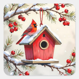 Christmas Cardinal Birdhouse snowy pine branch  Quadratischer Aufkleber