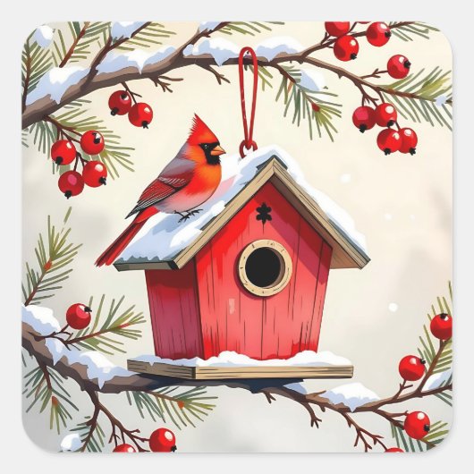 Christmas Cardinal Birdhouse snowy pine branch Quadratischer Aufkleber (Vorderseite)
