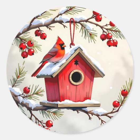 Christmas Cardinal Birdhouse snowy pine branch Runder Aufkleber (Vorderseite)