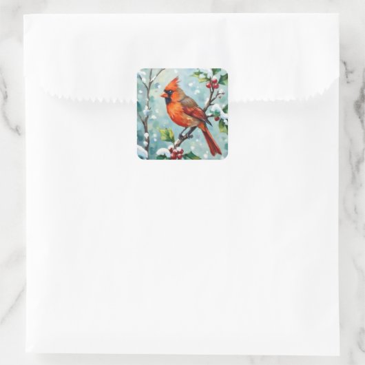 Christmas Cardinal on a Holly Branch Quadratischer Aufkleber (Tasche)