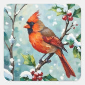 Christmas Cardinal on a Holly Branch Quadratischer Aufkleber (Vorderseite)