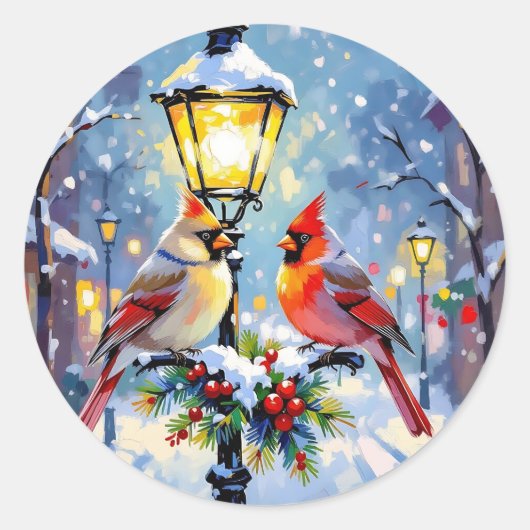 Christmas Cardinals and Snowy Lamppost Runder Aufkleber (Vorderseite)