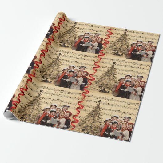 Christmas Carolers Music Red Ribbon Geschenkpapier (Ungerollt)