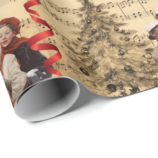 Christmas Carolers Music Red Ribbon Geschenkpapier (Rolleneckpunkt)