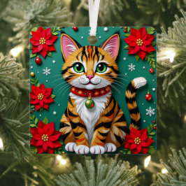 Christmas Cat and Poinsettias Festive Christmas Ornament Aus Metall
