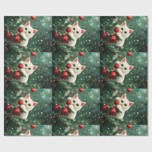 Christmas Cat Climbing Xmas Tree Geschenkpapier (Flach)