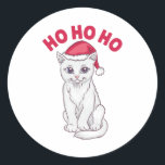 Christmas Cat Ho Ho Ho Runder Aufkleber<br><div class="desc">Phantastisches Weihnachtsdesign mit einer Katze,  die eine Weihnachtsmannmütze trägt,  und der Beschriftung "Ho ho ho ho". Ein perfektes Spiel für die kommenden Weihnachtsferien.</div>