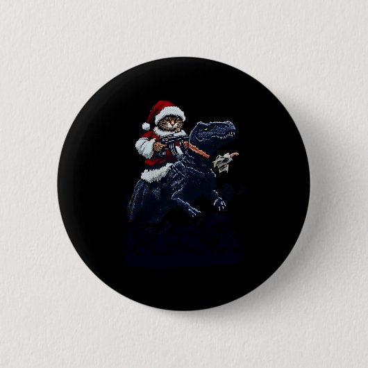 Christmas Cat In Santa Hat Holding A Gun And Dinos Button (Vorderseite)