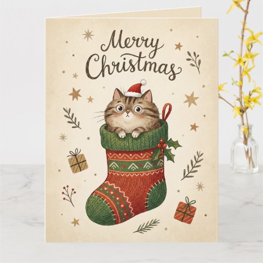 Christmas Cat in Stocking Karte (Gelbe Blume)