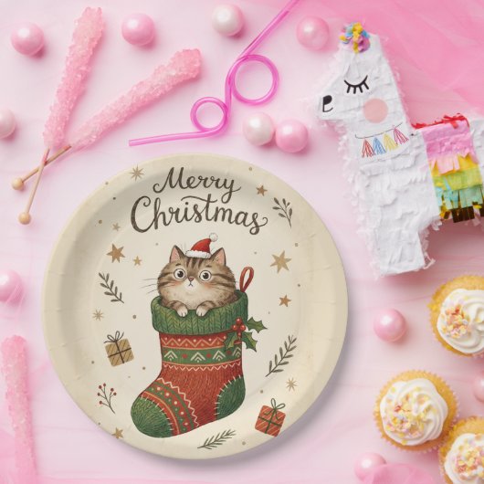 Christmas Cat in Stocking Pappteller (Party)
