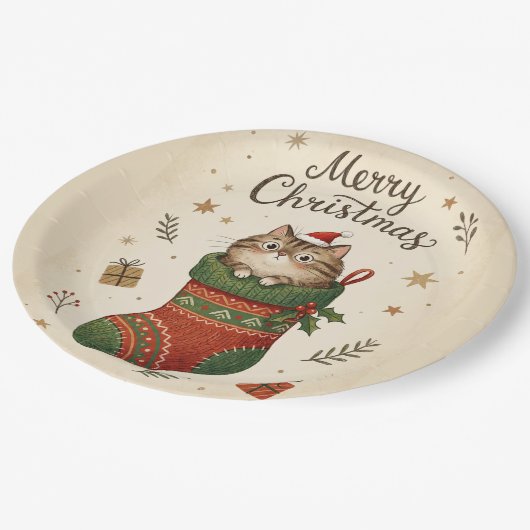 Christmas Cat in Stocking Pappteller (Schrägansicht)