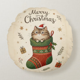 Christmas Cat in Stocking Rundes Kissen