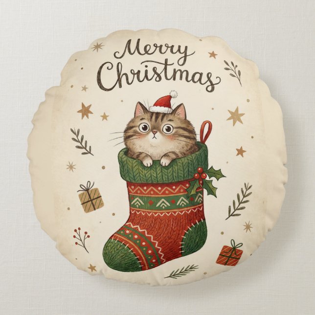 Christmas Cat in Stocking Rundes Kissen (Vorderseite)