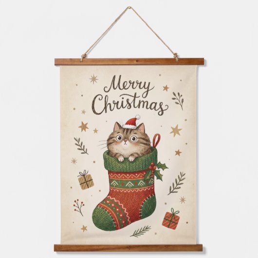 Christmas Cat in Stocking Wandteppich Mit Holzrahmen (Vorderseite)