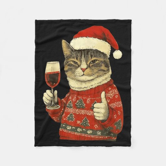 Christmas Cat Likes Cute Cat Drinking Wine With Sa Fleecedecke (Vorderseite)
