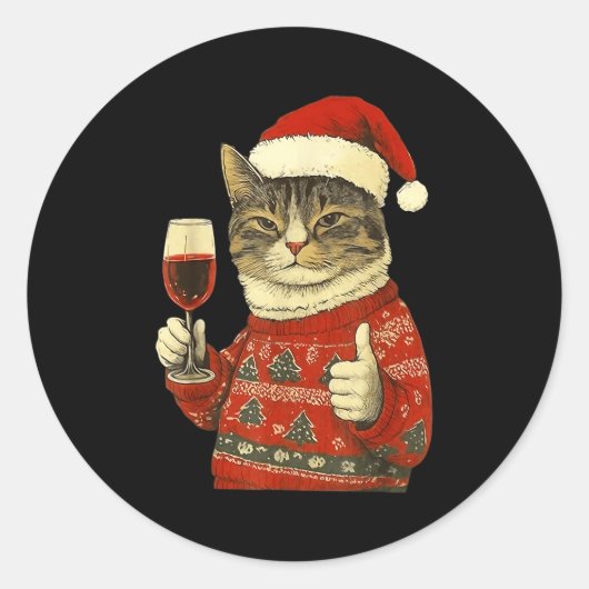Christmas Cat Likes Cute Cat Drinking Wine With Sa Runder Aufkleber (Vorderseite)