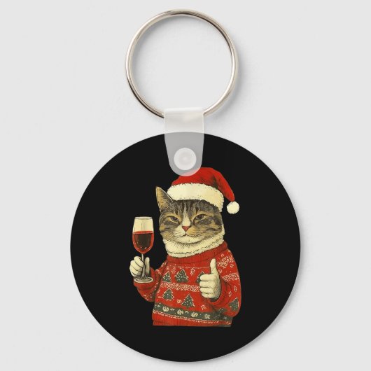 Christmas Cat Likes Cute Cat Drinking Wine With Sa Schlüsselanhänger (Vorderseite)
