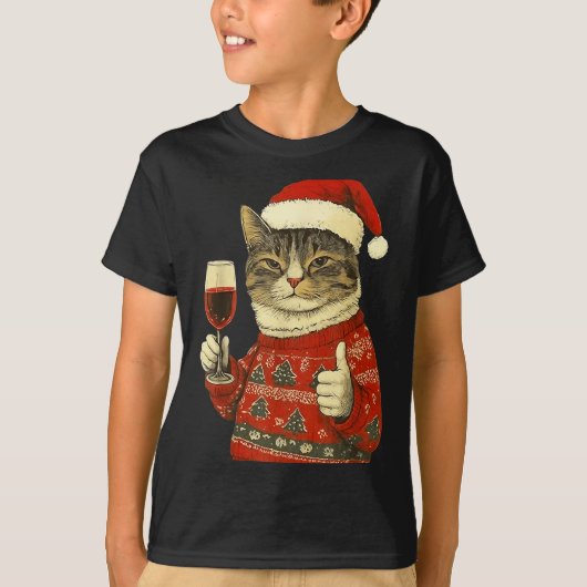 Christmas Cat Likes Cute Cat Drinking Wine With Sa T-Shirt (Vorderseite)