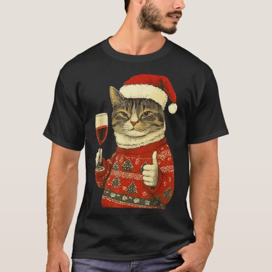 Christmas Cat Likes Cute Cat Drinking Wine With Sa T-Shirt (Vorderseite)