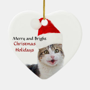 CHRISTMAS CAT MIT SANTA CLAUS HAT HERZ KERAMIKORNAMENT