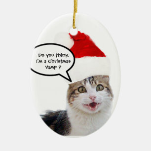 CHRISTMAS CAT MIT SANTA CLAUS HAT KERAMIK ORNAMENT