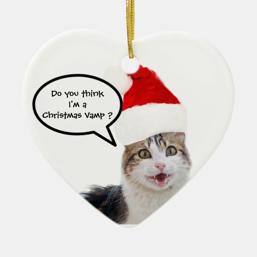 CHRISTMAS CAT MIT SANTA CLAUS HAT RUBY HERZ KERAMIK ORNAMENT (Vorne)