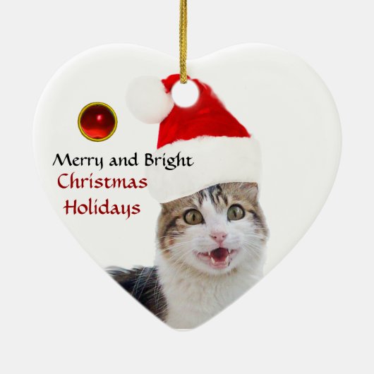 CHRISTMAS CAT MIT SANTA CLAUS HAT RUBY HERZ KERAMIK ORNAMENT (Hinten)
