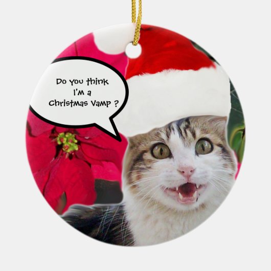 CHRISTMAS CAT MIT SANTA CLAUS HAT UND POINSETTIS KERAMIK ORNAMENT (Vorne)
