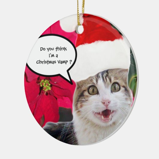 CHRISTMAS CAT MIT SANTA CLAUS HAT UND POINSETTIS KERAMIK ORNAMENT (Links)