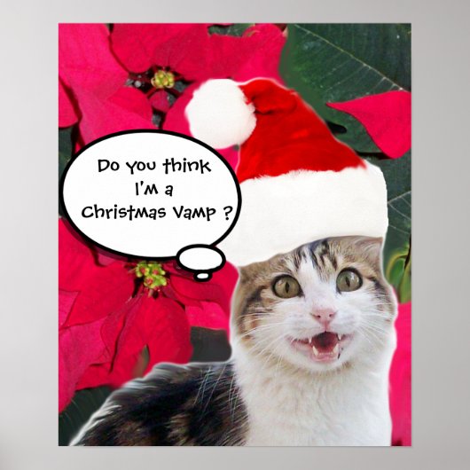 CHRISTMAS CAT MIT SANTA CLAUS HAT UND POINSETTIS POSTER (Vorne)