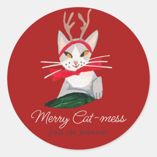 Christmas Cat reindeer Holiday Red Runder Aufkleber (Vorderseite)