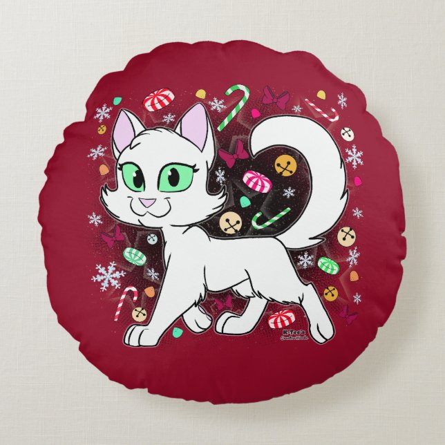 Christmas Cat Round Pillow (Red) Rundes Kissen (Vorderseite)