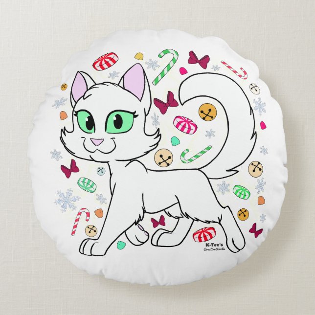 Christmas Cat Round Pillow (White) Rundes Kissen (Vorderseite)