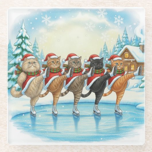 Christmas Cat Skaters, Glass Coaster Glasuntersetzer (Vorderseite)