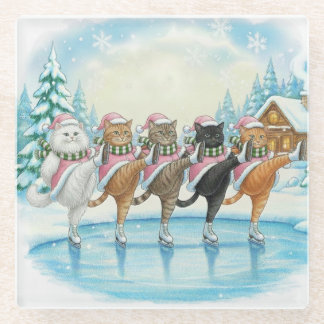 Christmas Cat Skaters Pink, Glass Coaster Glasuntersetzer