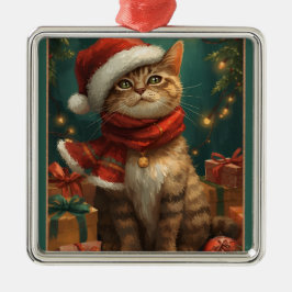 Christmas Cat Square Metal Ornament