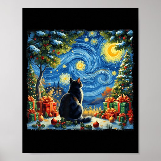 Christmas Cat Starry Night Van Gogh Santa Winter G Poster (Vorne)
