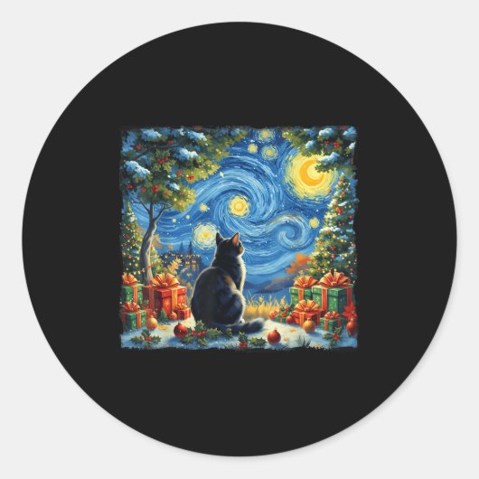 Christmas Cat Starry Night Van Gogh Santa Winter G Runder Aufkleber (Vorderseite)
