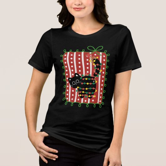 Christmas Cat Tangled in Lights – Cute Funny Tri-Blend Shirt (Vorderseite)