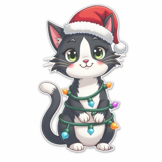 Christmas Cat Tuxedo black cat xmas lights kitty c Aufkleber (Vorderseite)
