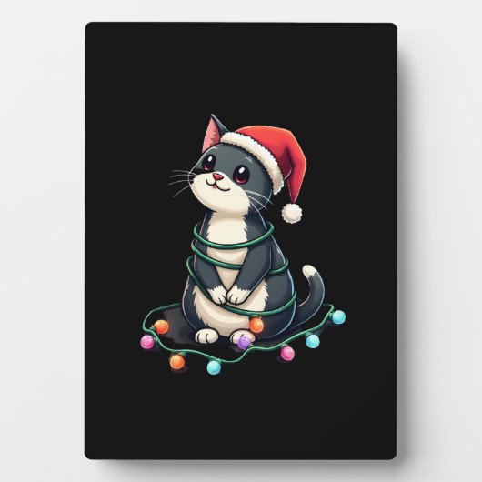 Christmas Cat Tuxedo black cat xmas lights kitty c Fotoplatte (Vorderseite)