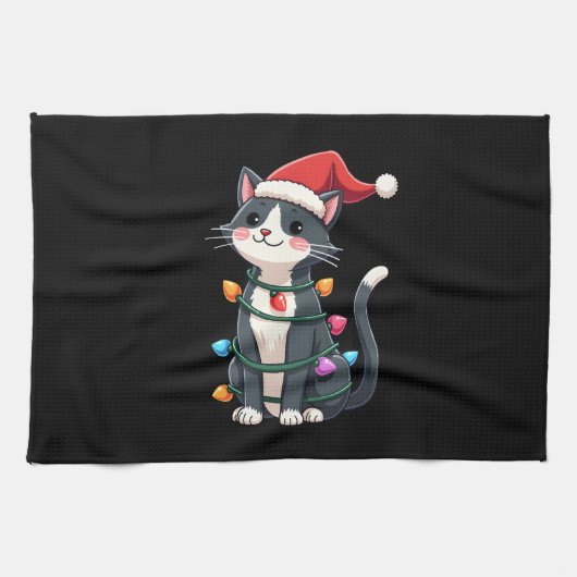 Christmas Cat Tuxedo black cat xmas lights kitty c Geschirrtuch (Horizontal)