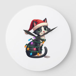 Christmas Cat Tuxedo black cat xmas lights kitty c Große Wanduhr