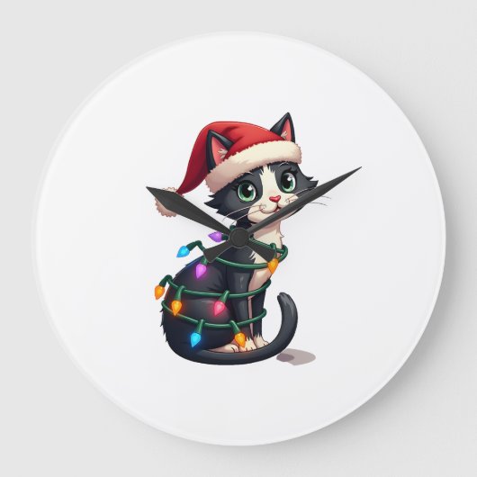 Christmas Cat Tuxedo black cat xmas lights kitty c Große Wanduhr (Vorderseite)