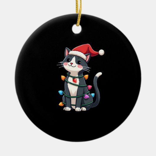 Christmas Cat Tuxedo black cat xmas lights kitty c Keramik Ornament (Vorne)